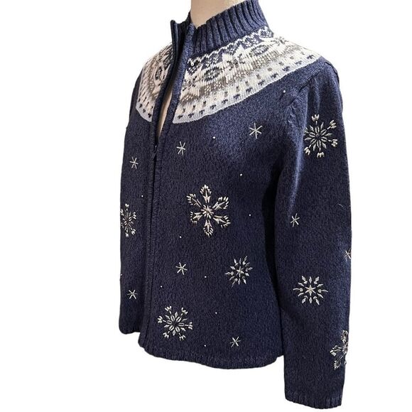 VTG Cardigan Blue&White Snowflakes Beads/Sequins size S - Picture 4 of 11